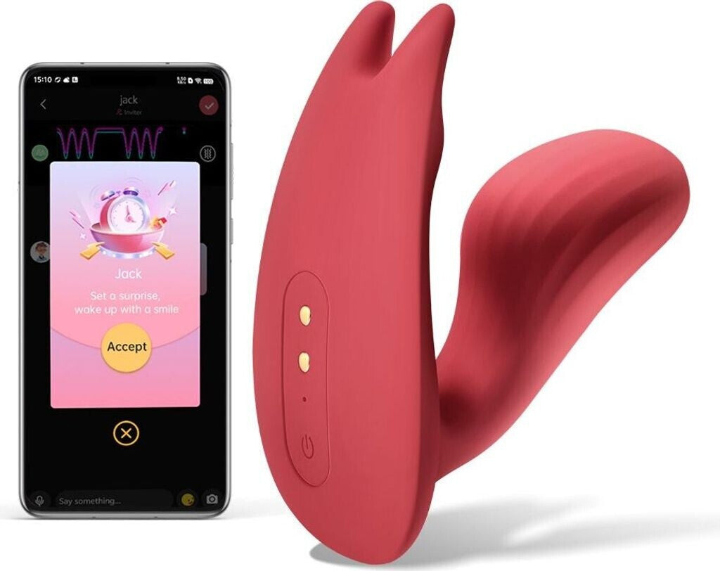 Red silicone device with smartphone displaying app interface on a white background