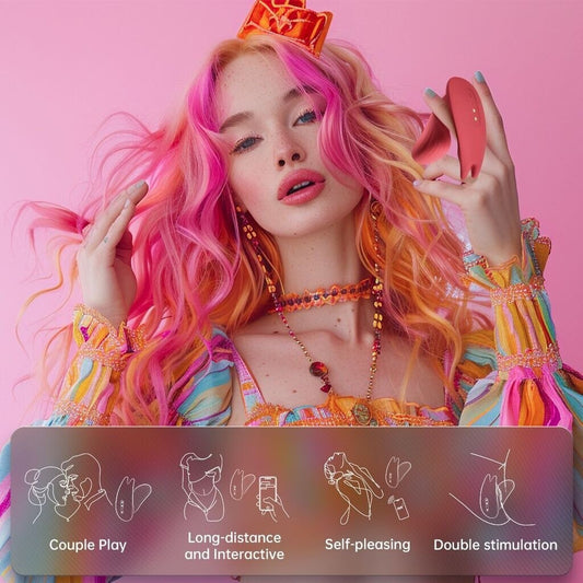 Person with colorful hair and accessories on a pink background, with text about sexual activities.