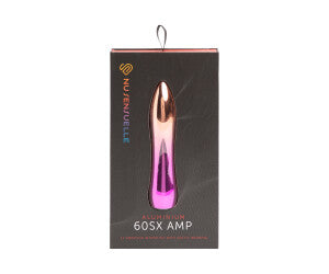 A hand holding a pink and metallic bullet vibrator.