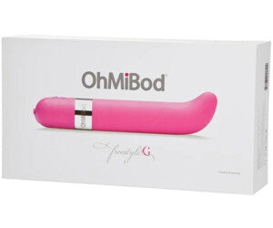 OhMiBod product packaging with pink device on a white background