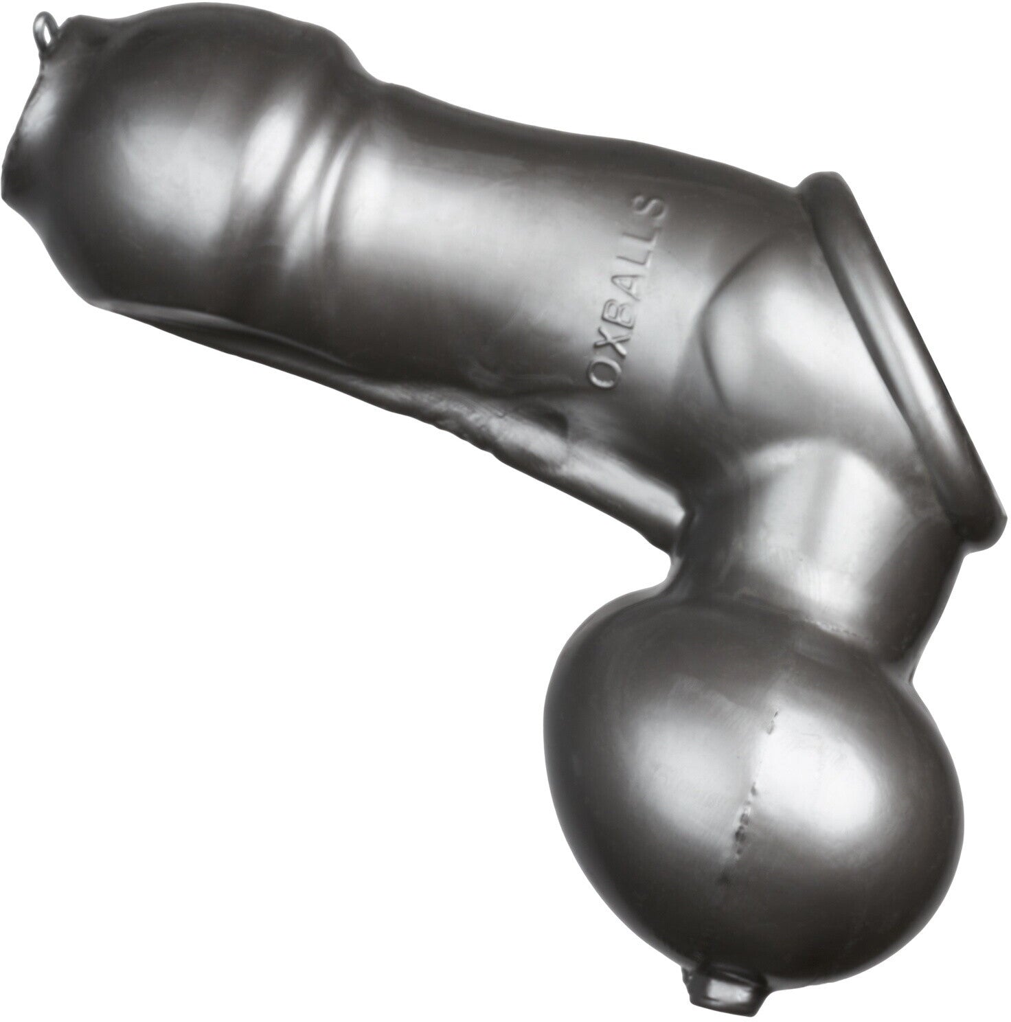 Metallic device with 'OXEBALLS' branding on a white background