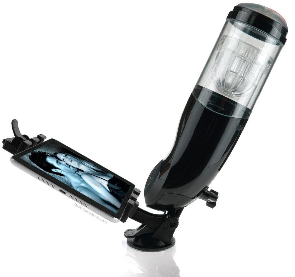 Black smartphone stand with a phone on a white background