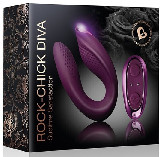 Product packaging for 'Rock-Chick Diva' with a purple device and remote control on a black background.