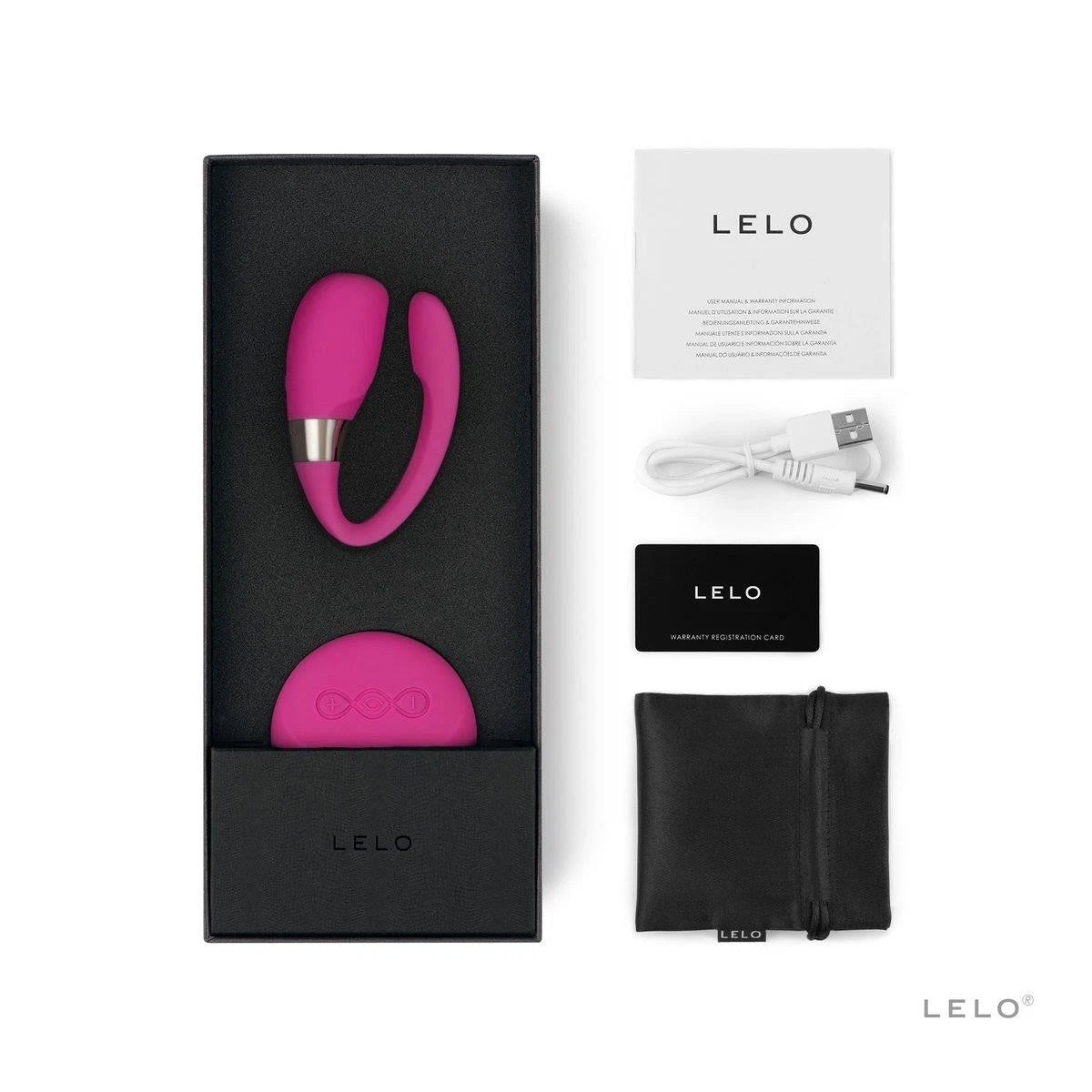 LELO product set with pink device, black box, USB cable, and pouch on a white background