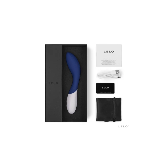LELO product packaging with blue and white device, black box, and accessories on a white background.