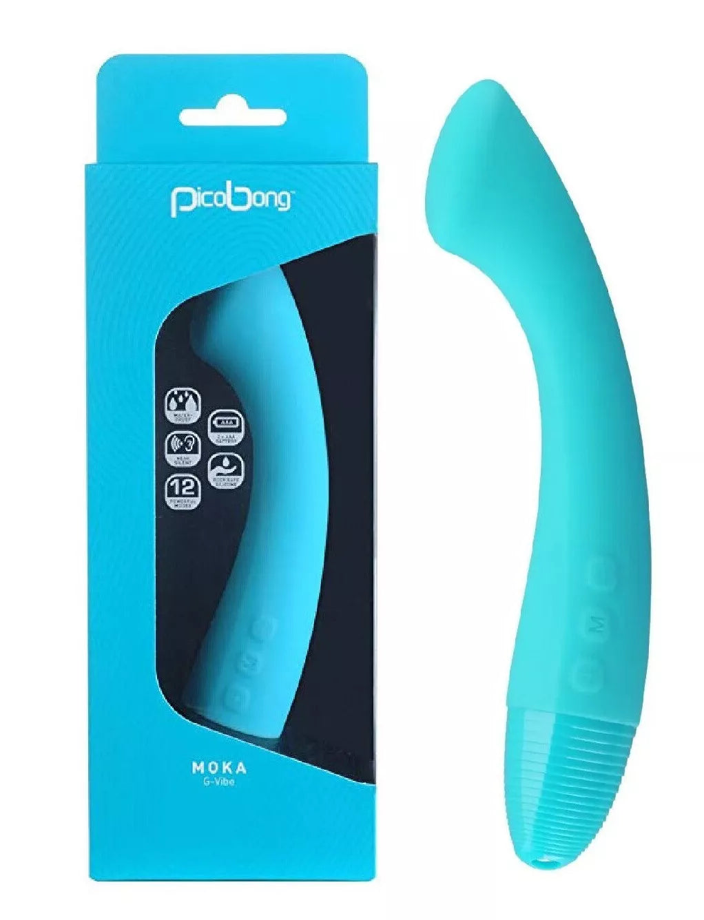Turquoise silicone product with packaging labeled 'PicoBong' on a white background