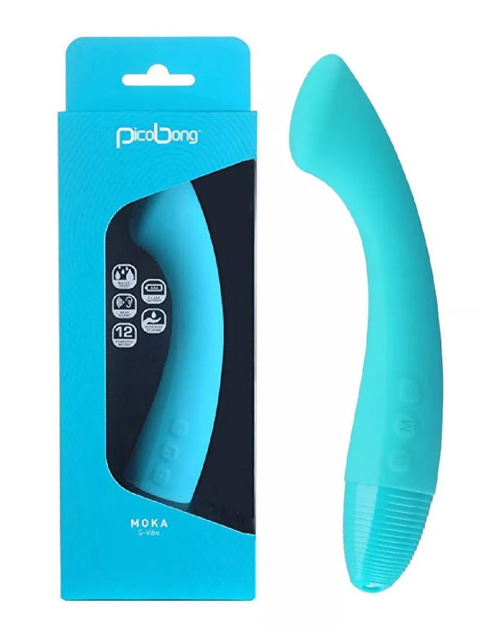 Turquoise silicone product with packaging labeled 'PicoBong' on a white background