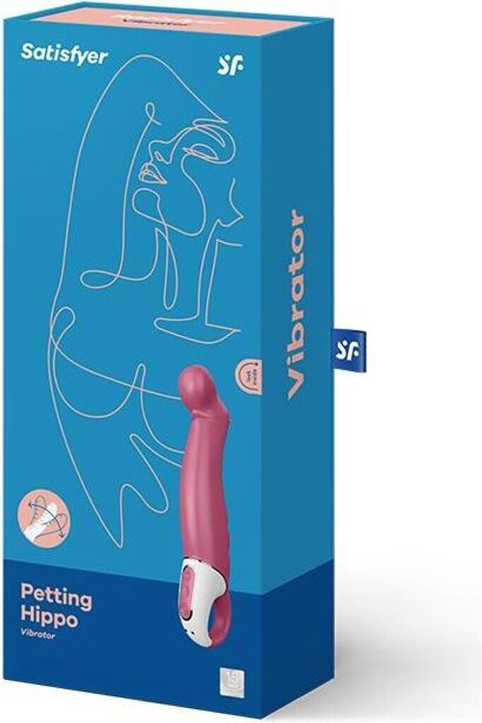 Blue packaging of a vibrator with a pink petting hippo toy on a white background