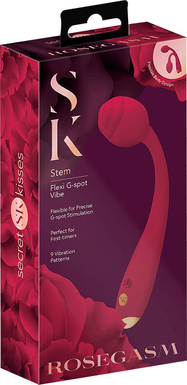 A red long-stemmed vibrator with a smooth silicone body and a rosebud-shaped top. It has a sleek and slim design.