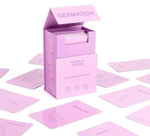 Pink 'Sexmatch' card game packaging with cards spread out on a white background